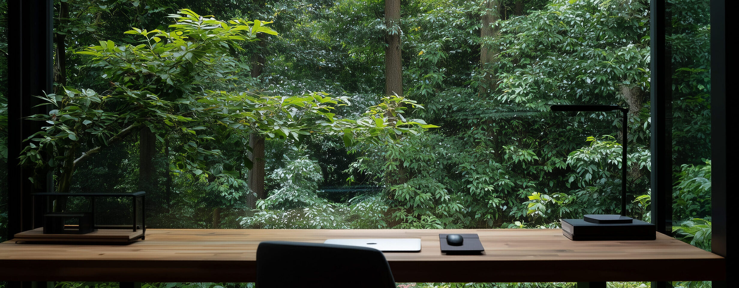 Minimal modern desk and chair facing a large window that reveals lush green forest