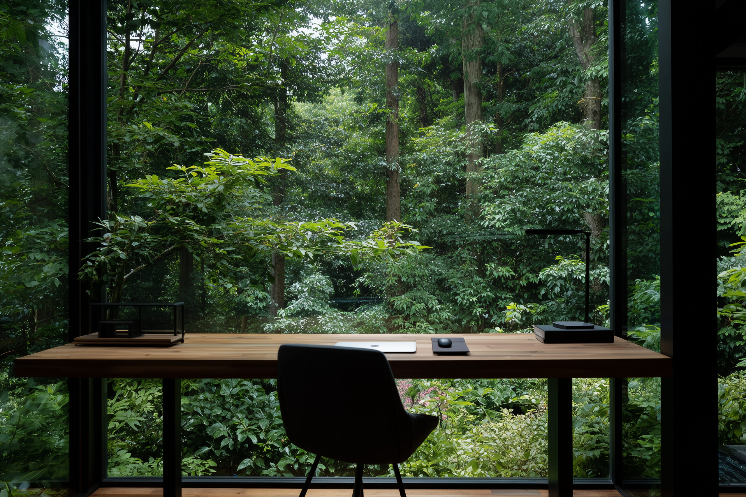 Minimal modern desk and chair facing a large window that reveals lush green forest